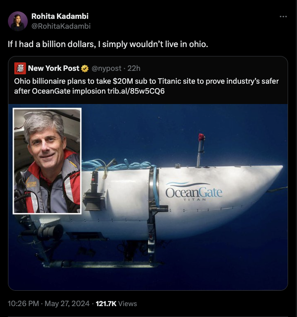 ocean gate titan submarine - Rohita Kadambi If I had a billion dollars, I simply wouldn't live in ohio. New York Post 22h Ohio billionaire plans to take $20M sub to Titanic site to prove industry's safer after OceanGate implosion trib.al85w5CQ6 Views Ocea